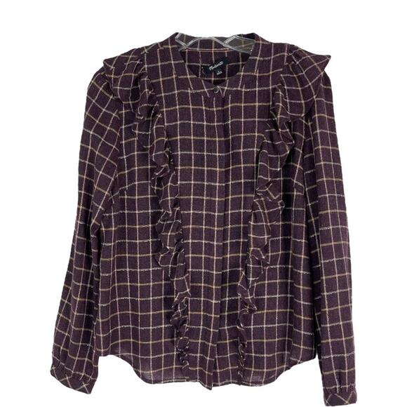 Madewell purple cream wool ruffle plaid button front top small - Picture 1 of 8